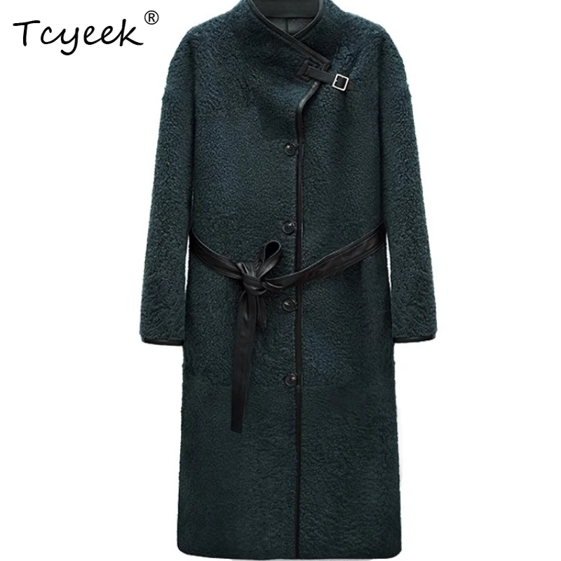 Tcyeek Prawdziwa Wełna Jesień Zima Elegancki Modny Dwustronny Jednolity Kolor Długi Damski Wełniany Płaszcz z Kożucha Futro Fourrures Femme