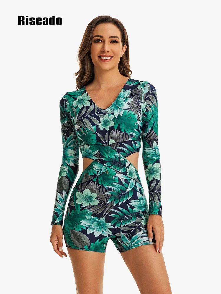 Tropical Print One Piece Swimsuits Long Sleeve Swimwear Rashguard Women Sport Surfing Bathing Suits (UPF 50+)