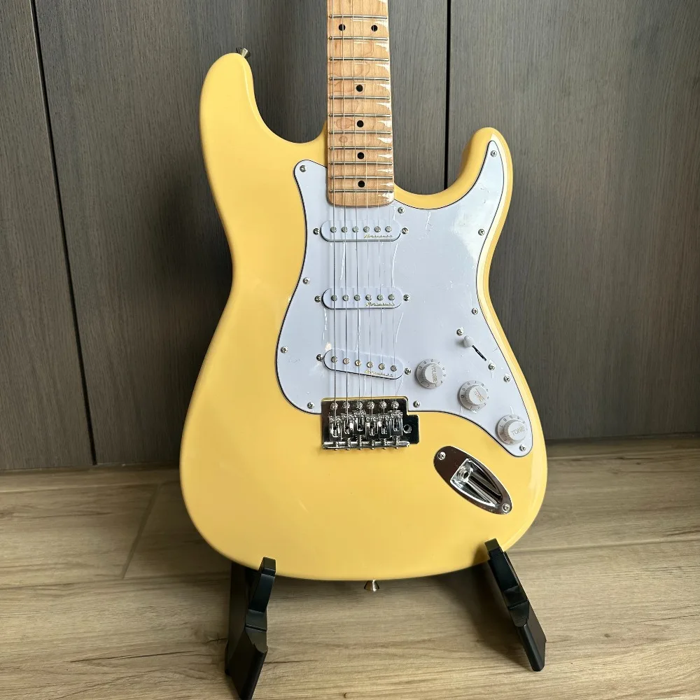 Hot Sale Cream Yellow Electric Guitar ,Scalloped Fingerboard,Big Head , SSS Pickups,  in Stock