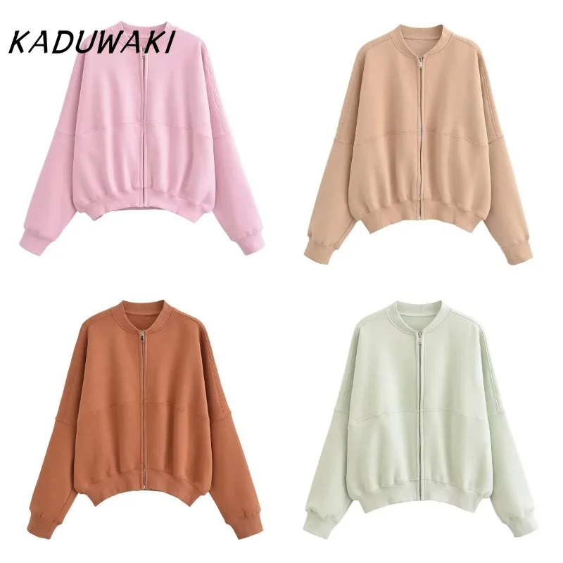 KADUWAKI Retro Round Neck Long Sleeve Zipper Pilot Coat Style Sweatshirt Loose Fleece Pants Yoga Exercise Set Кастюмы Для Женщин