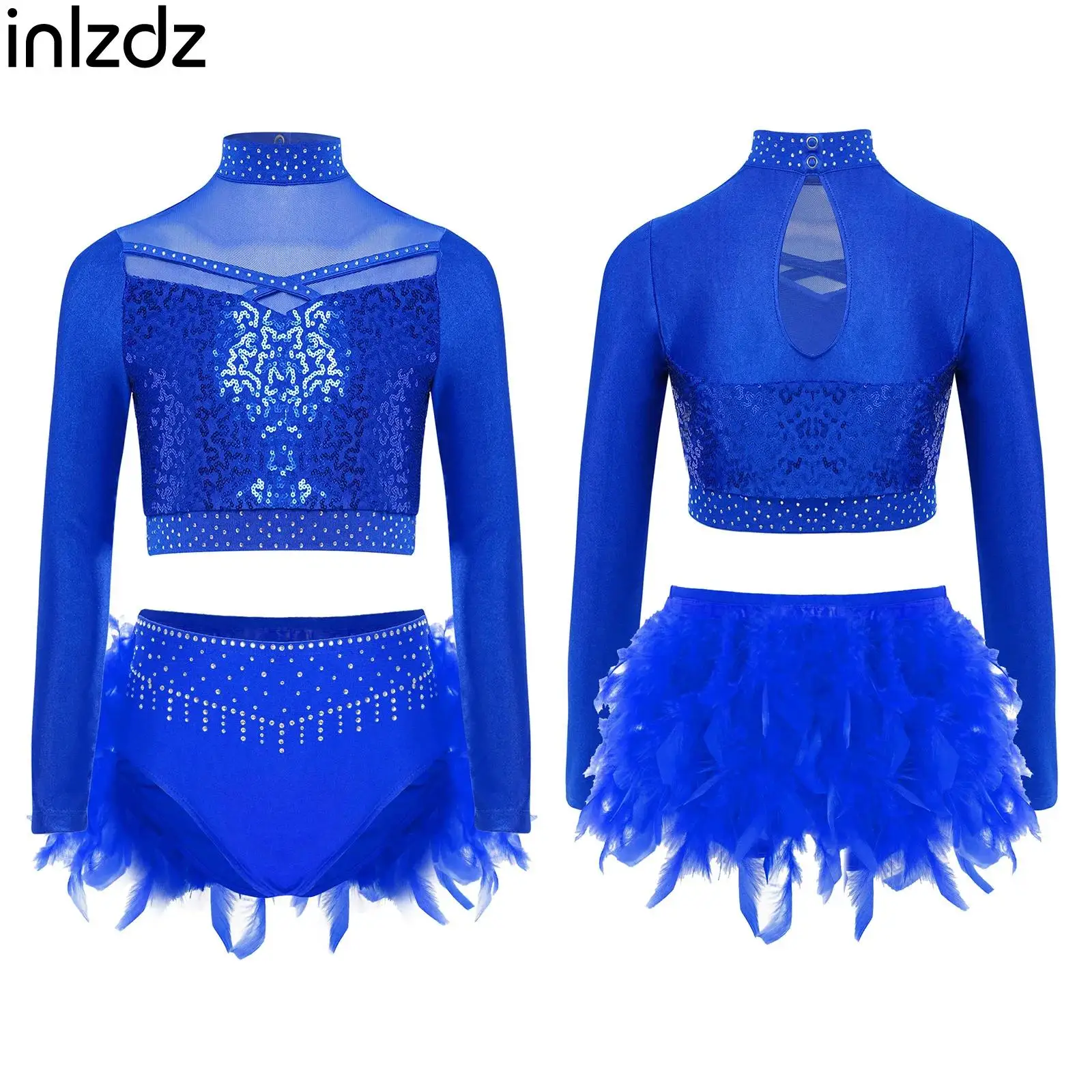 

2Pcs Kids Girl Gymnastics Ballet Dance Outfit Long Sleeve Sequins Mesh Crop Top And Feather Bottoms for Athletic Figure Skating