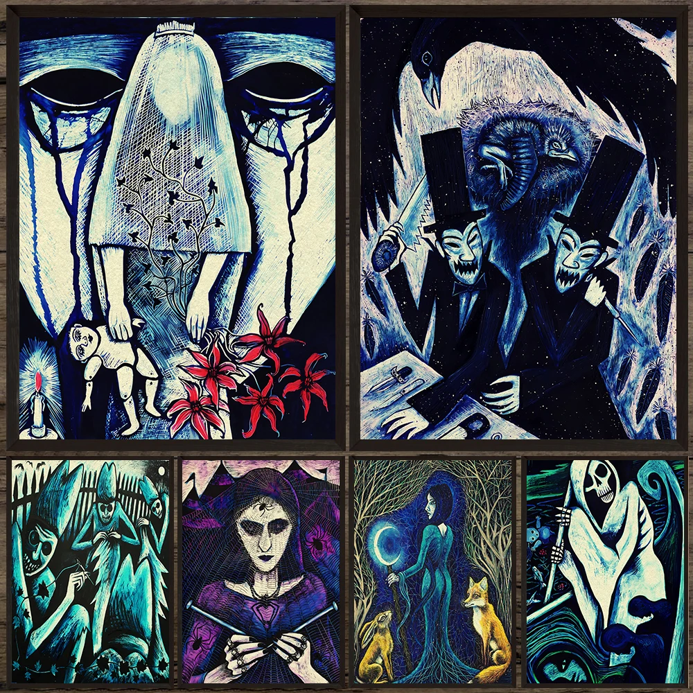 

Creepy Gothic Character Illustrations Vintage Wall Art Canvas Painting,Dark Witchcraft And Magic Art Pagan Poster Print Decor
