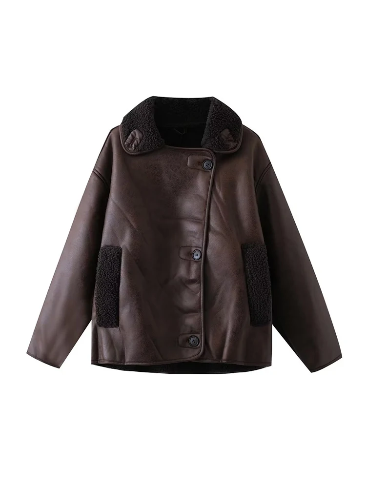 Fleece Women Faux Leather Warm Jackets 2023 Autumn-Winter Fashion Ladies Thick Outerwear Vintage Female Loose Jacket Chic