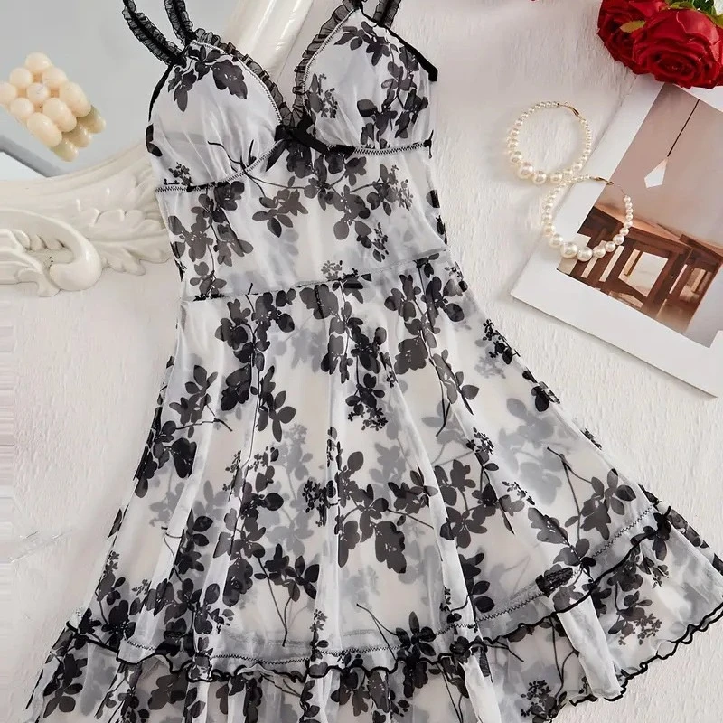 White Mesh Sleeveless Nightgown, Black Floral Print Lace Trim Slip Dress, Soft Breathable Sleepwear for Women