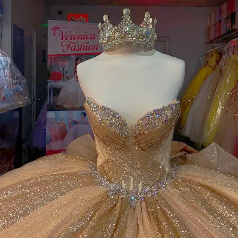

Customized Shiny champagne gold Quinceanera Dresses Off the Shoulder sequin applique Long tail Bow Vestido De 15 Quinceanera
