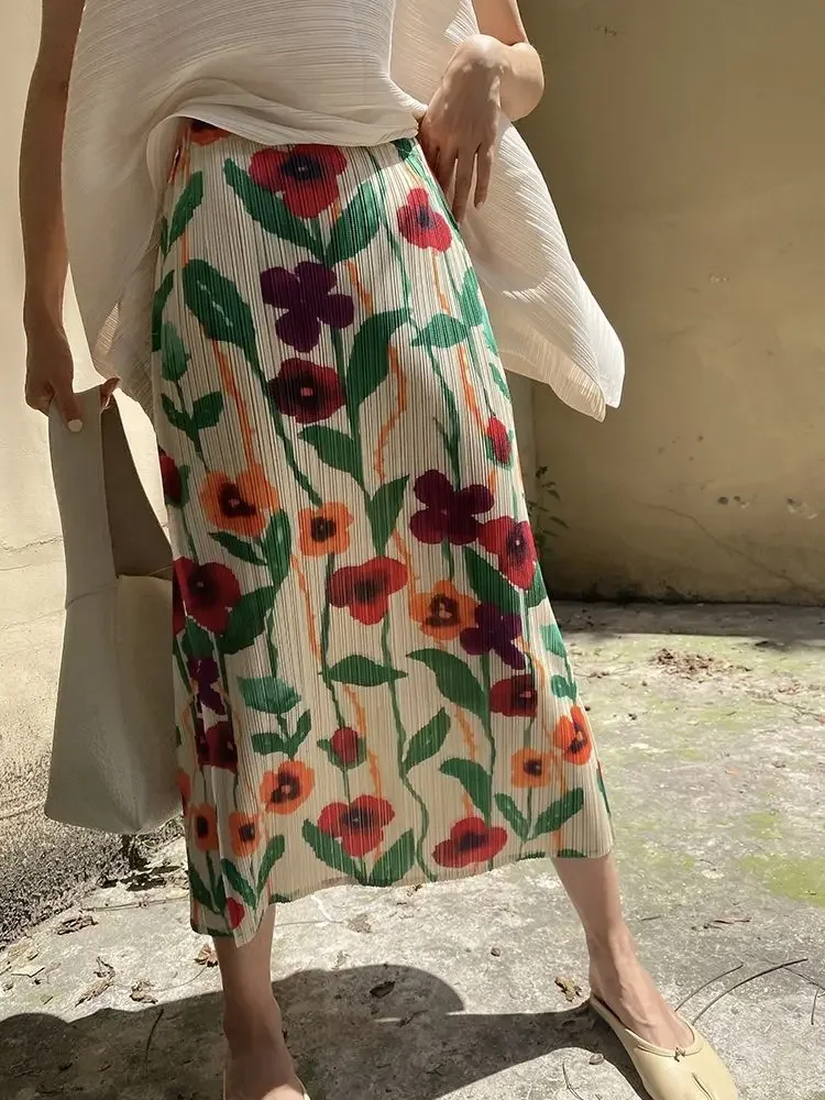 Midi Print Skirts Women Vintage Summer Holiday Back-slit Mujer Aesthetic Prairie Style Office Lady Ins Temperament Casual Daily