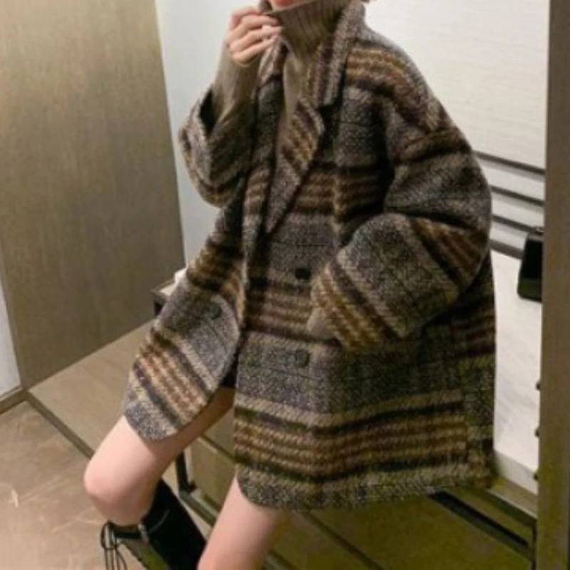 

Tweed Mid-length Coat 2025 Autumn/winter New Han Fan Loose Trench Coat Thickened Plaid Woolen Coat for Women