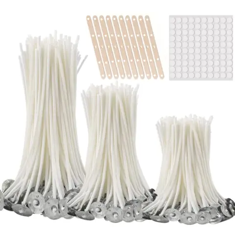 100pcs 무연 촛불 Wicks 2.5-20cm 금속 Sustainer 탭이있는 Pre-Waxed Cotton Core Wicks DIY 수제 양초 만들기 도구
