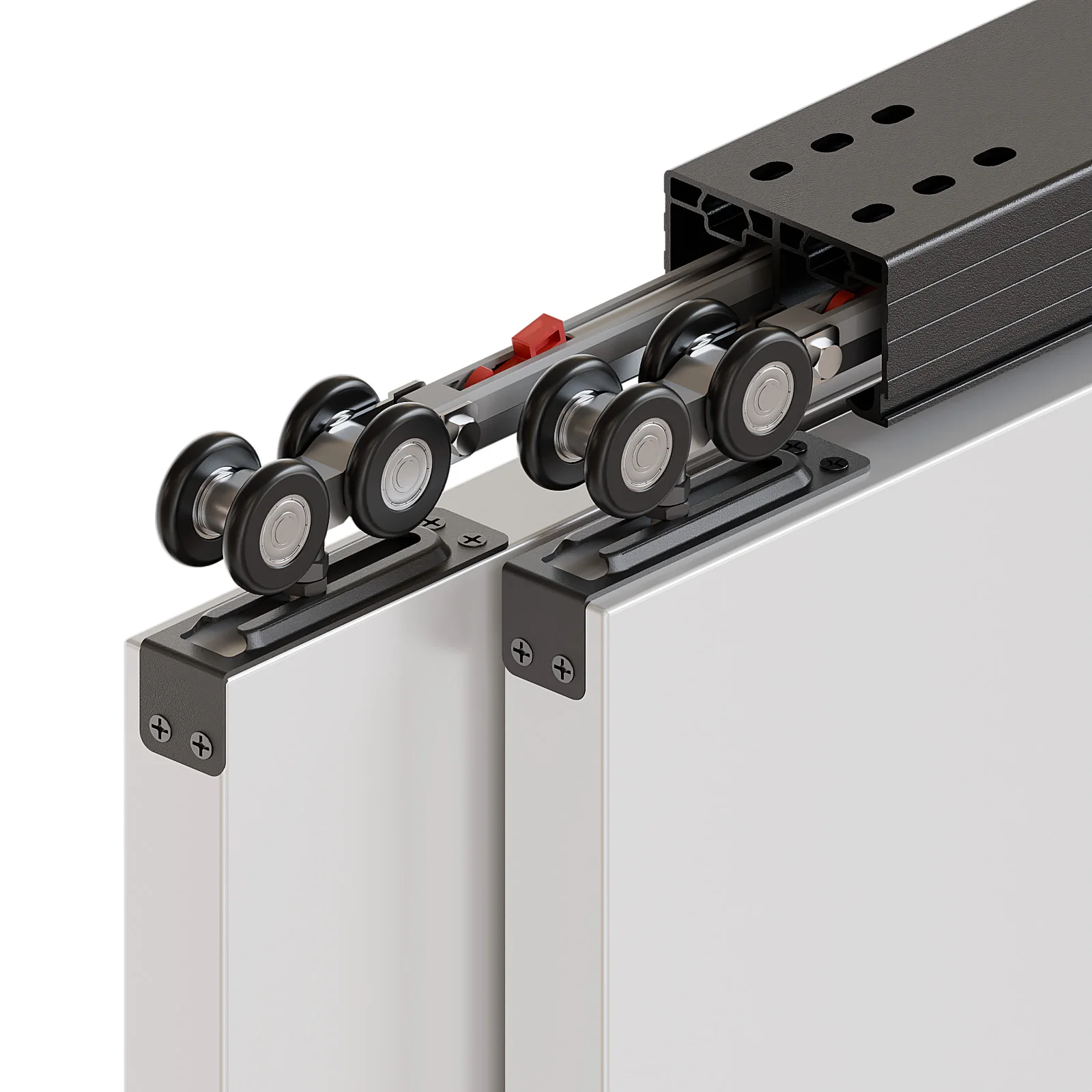 

Double Track Double Barn Door Hardware Kit - Box-Style Recessed Pulley with Damper