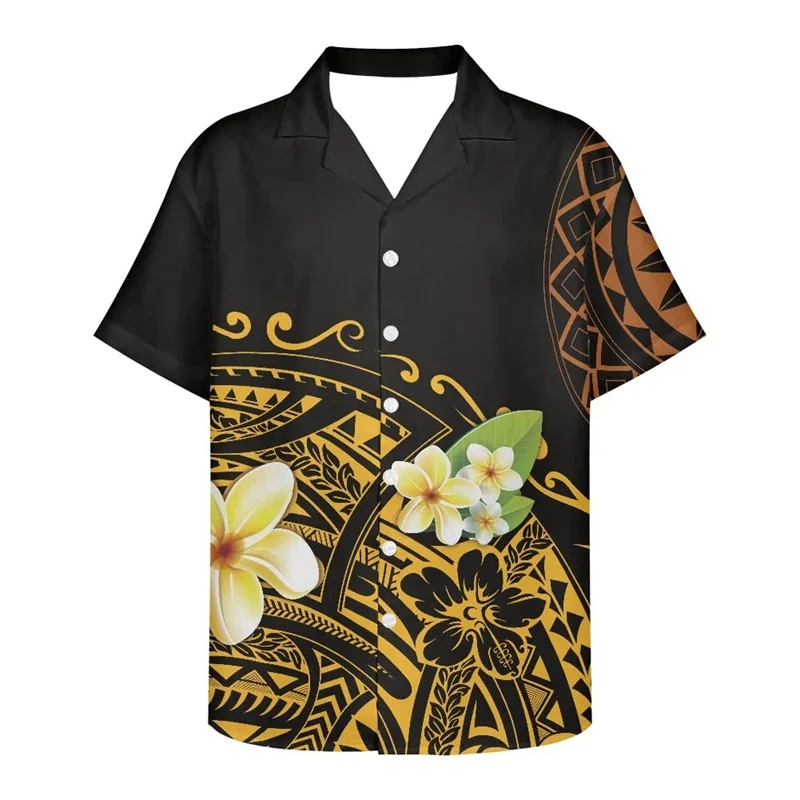 Men\'s Tribal Polynesian Beach Shirts 3D Printed Short Sleeve Button Down Casual Hawaiian T-Shirt Mens Oversized Tee Tops Clothes