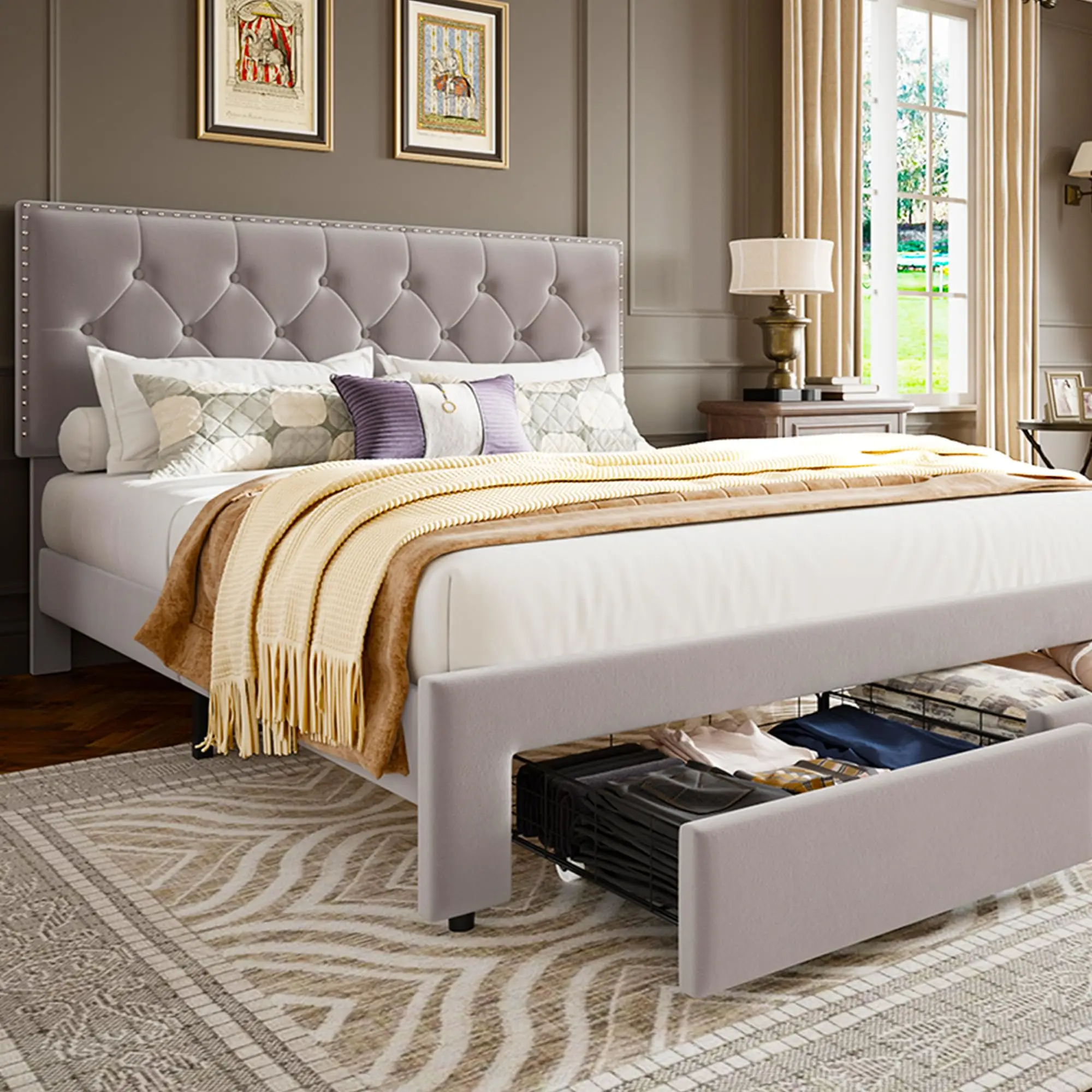 King Size Bed Frame with 2 Storage Drawers, Vintage Velvet Headboard Bedframe with upholstered platform, Wooden Slat Support, Noise Free, No Box Spring Needed, Black