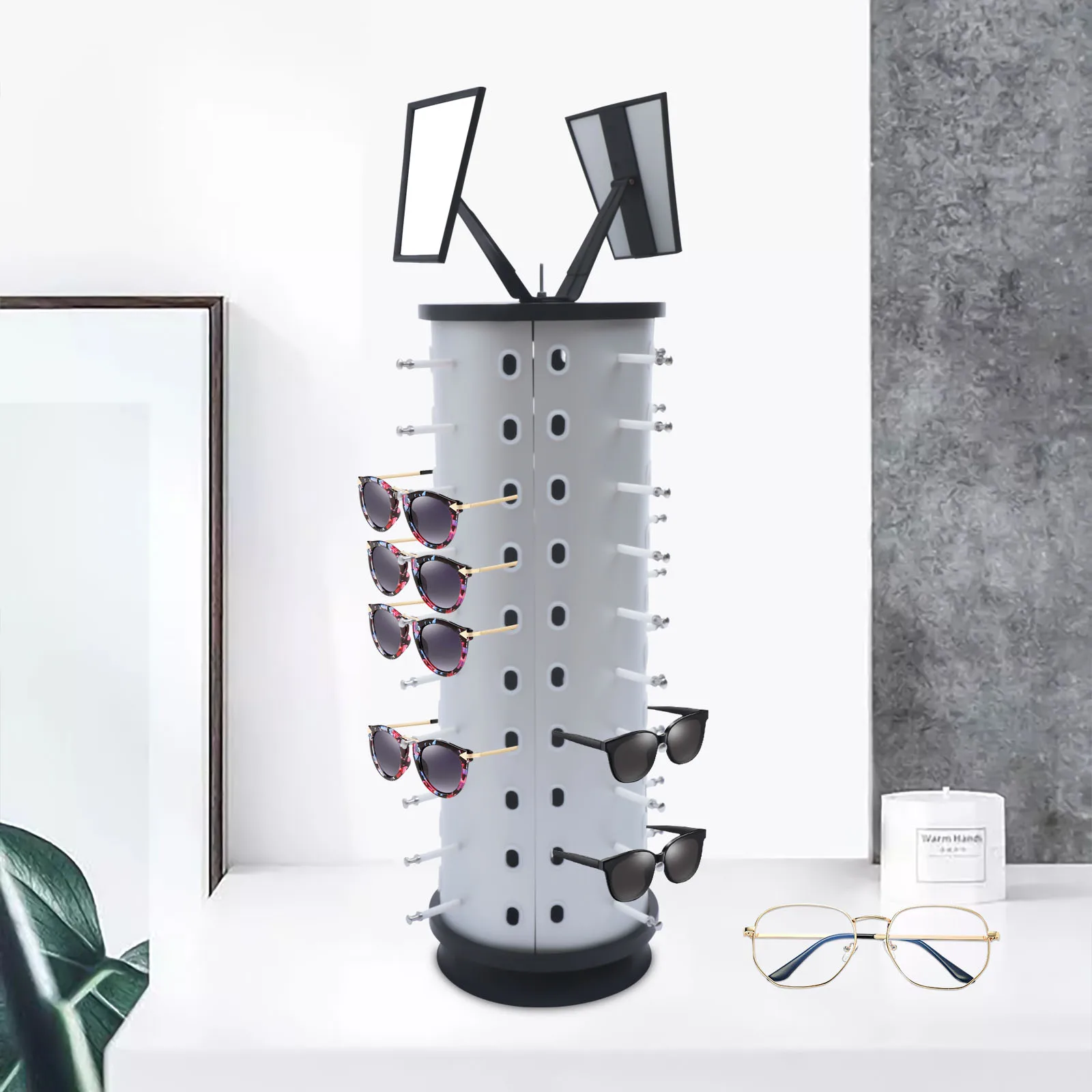 

(Round) 40 Pairs Eyeglasses Display Rack, Glasses Rack with Mirror, 360° Rotating Counter Top Sunglasses Display Rack for Retail