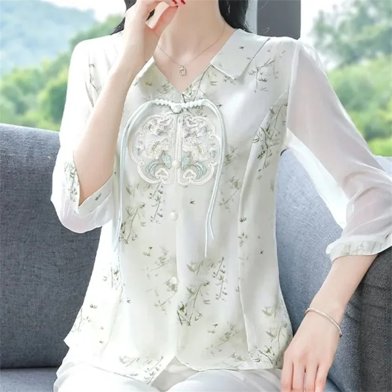 

2025 New Chinese Style Embroidered Shirt Women's Summer Dress New Mother's Chiffon Temperament Top