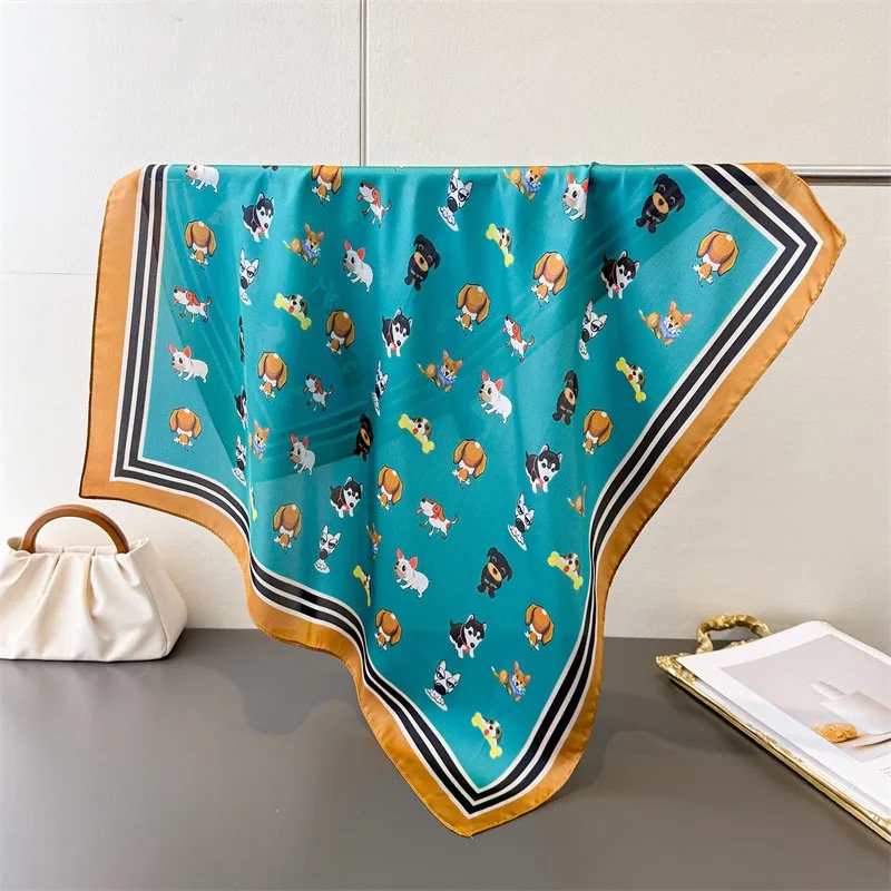 Luxury 70x70cm Square Silk Scarf for Women Cute Cartoon Dachshund Pattern Shawls Wrap Fashion Accessory Hair Tie Bandana Hijab