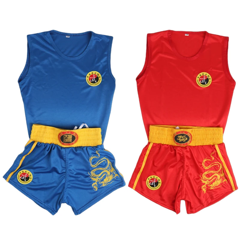 Sanda Wushu Uniform Muay Thai Trainingsanzug Drachen-Stickerei Kickboxen Kampfsport Boxshorts und passendes Westen-Oberteil-Set