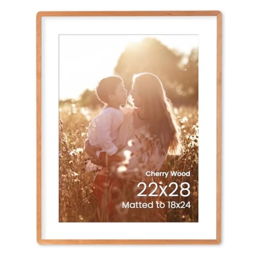 

22x28 Poster Frame Natural Solid Wood 22 x 28 Frame HD Tempered Glass Matted to 18x24 22x28 Wood Frame for Wall 1 Pack