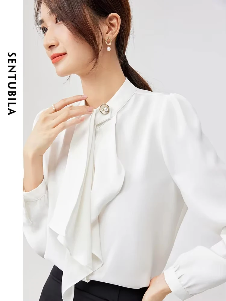 SENTUBILA Elegant Chic Bow White Shirt Women 2024 Autumn Lady Long Sleeve Sleeve Loose Fit Button Up Shirts & Blouses 143C57856X