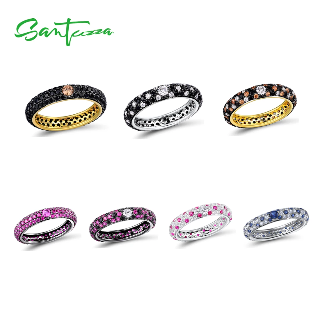 

SANTUZZA Silver Ring For Women Multi-color Stones Stackable Eternity Rings 925 Sterling Silver Party Trendy Fashion Jewelry