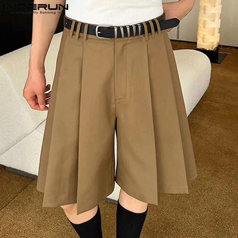 INCERUN 2024 Korean Style New Men\'s Shorts Loose Pleated Design Wide Leg Pants Casual Streetwear Solid Comfortable Shorts S-5XL