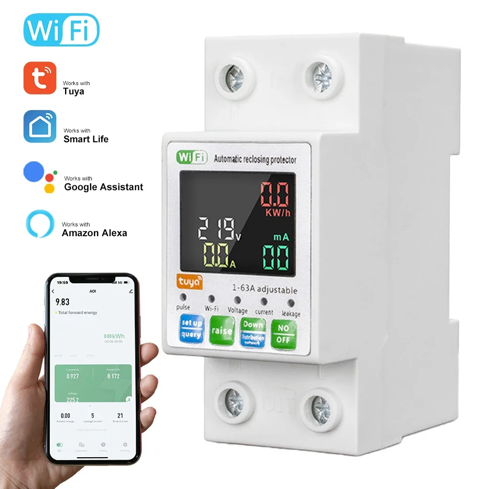 WiFi Smart Circuit Breaker Single Phase Energy Meter Auto-Reclosing Protector APP Remote Control Work With Tuya Alexa Google