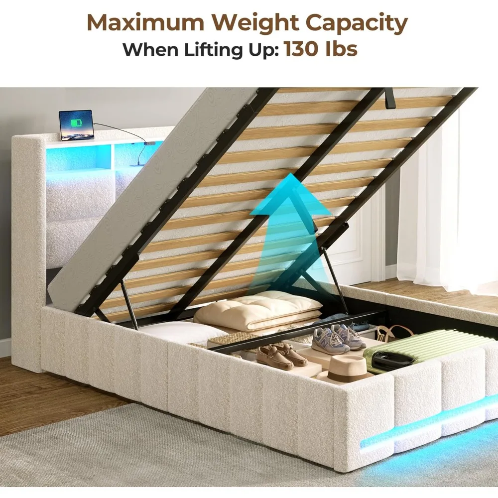 Cadre de lit double avec rangement relevable, station de recharge et lumières LED, tête de lit de rangement rembourrée, lattes en bois, cadre de lit