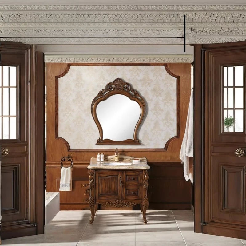 Solid red oak lacquered antique bathroom cabinet with marble countertop wash basin