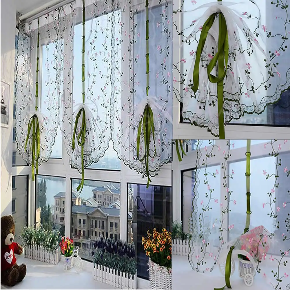Cortina gasa para cocina y café, cortina transparente Floral bordada a mano Rural para puerta