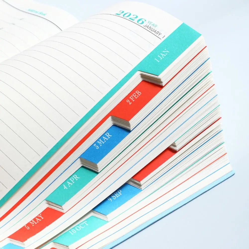 Cuaderno con horario A5 2026 de 365 días, cubierta de cuero PU, planificador de horario de papel grueso, Bloc de notas resistente al desgaste con marcapáginas de cinta