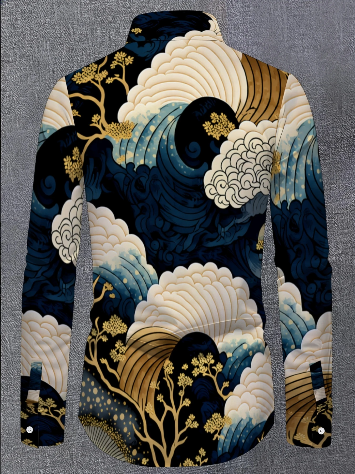Men Long Sleeve Button Down Shirt Japanese Ukiyo‑e Wave Pine Plum Print Polyester Lapel Collar Casual