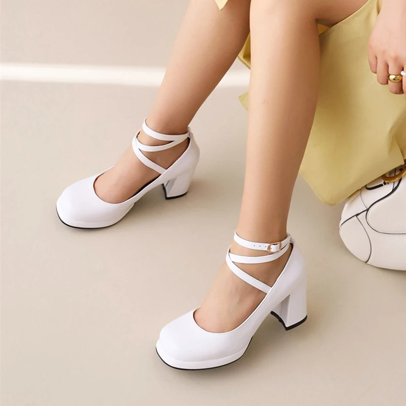 2024 New Punk Goth Platform Womens Pumps Round Toe Thick Heels Female Spring Fall Cross Straps Casual Shoes Women Moccasins