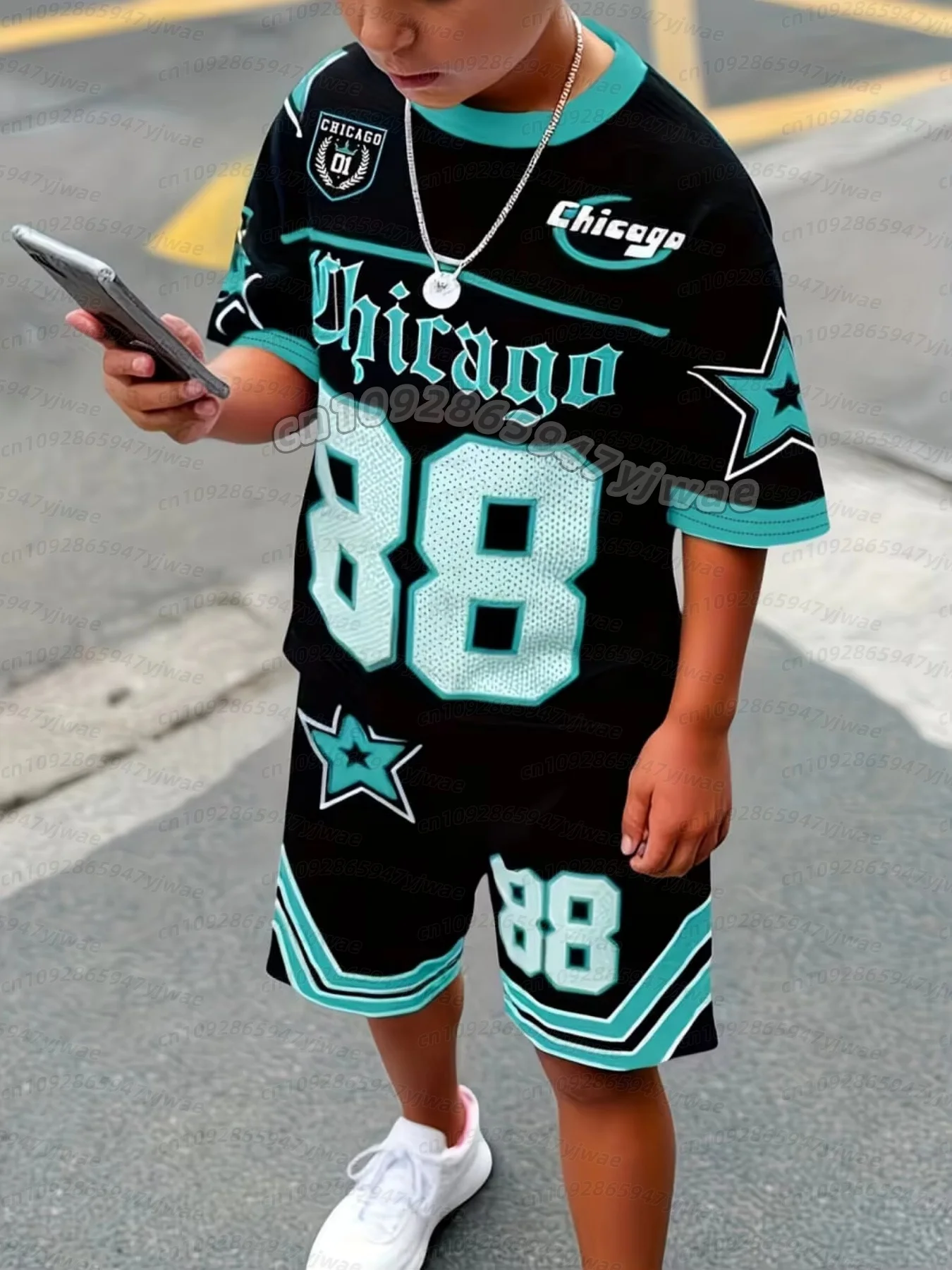 CHICAGO NO.88 PRINT Jersey Boy Kurzarm-Set mit locker sitzenden Shorts und T-Shirt, sportlicher, schnell trocknender Outdoor-Trainingsanzug, 2-teiliges Jungen-Set – Detail 8