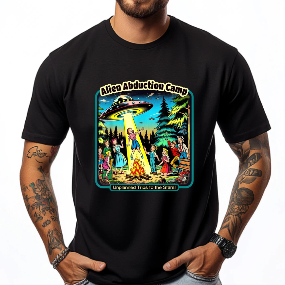 Funny Vintage Alien Abduction Camp UFO Alien Graphic Shirts Men High Quality