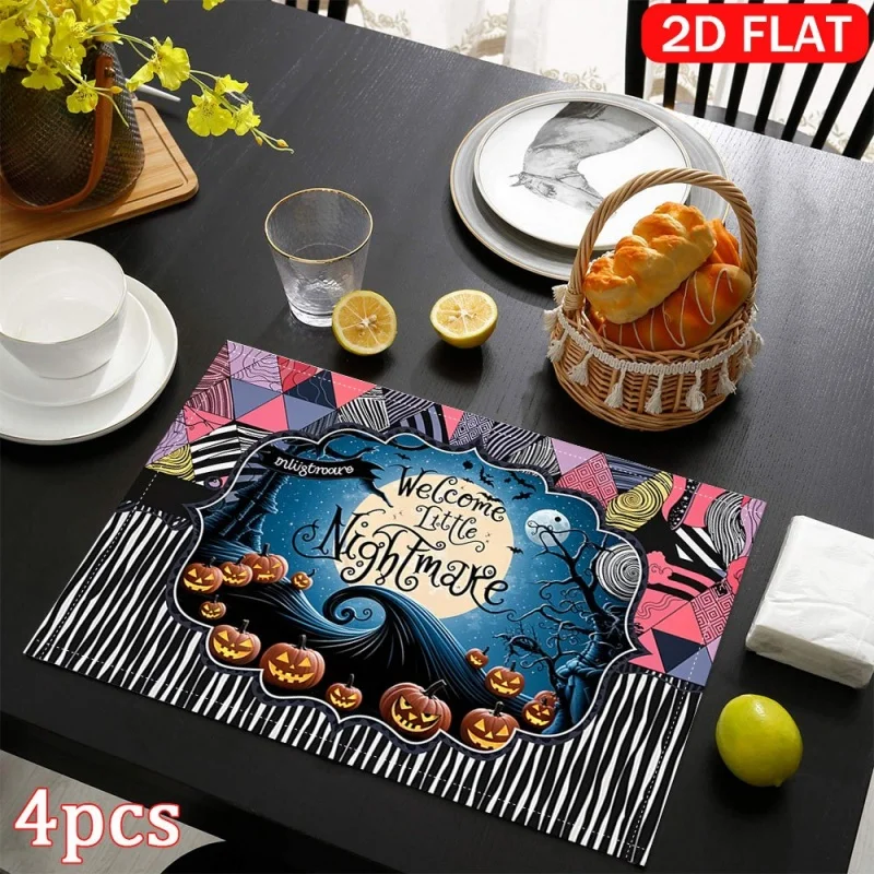 Halloween Nightmare Placemats, Pumpkin Bat Moon Printed Linen Table Mats, Spooky Holiday Table Decor