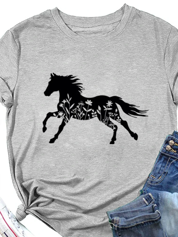 Wildflower Horse Print Women T Shirt Short Sleeve O Neck Loose Women Tshirt Ladies Tee Shirt Tops Clothes Camisetas Mujer