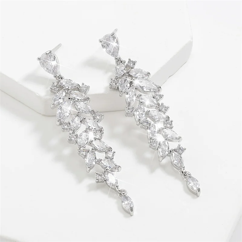 ZAKOL New Arrival Shiny CZ Bridal Earrings for Women Elegant Marquise Zirconia Long Drop Earring Wedding Jewelry