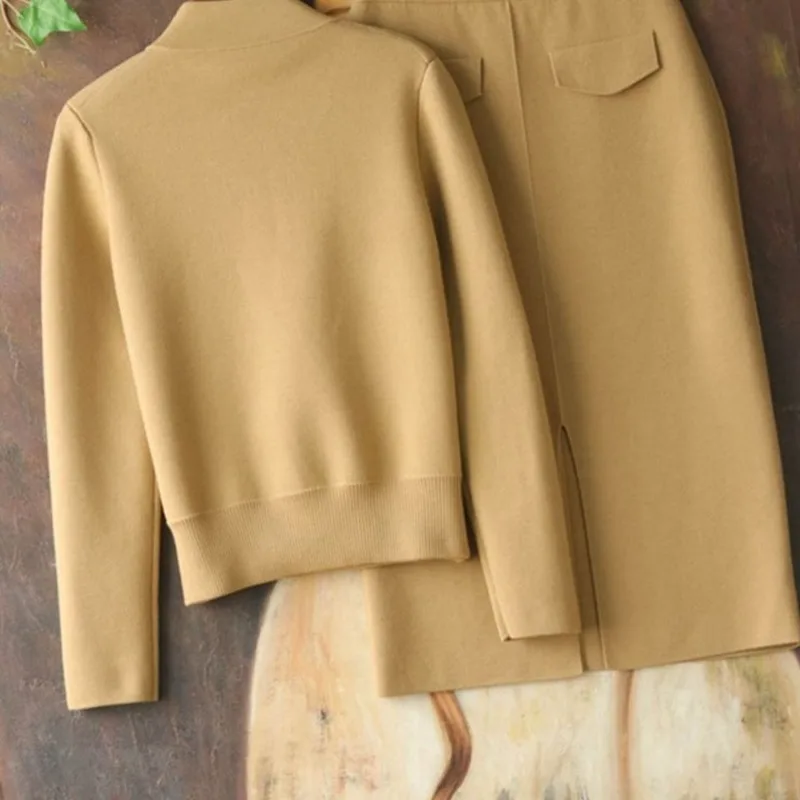 Office Lady Skirts Sets Solid Autumn Winter Two Piece Womens Outifits Vintage Work Fashion Conjuntos De Falda Knit Jacket