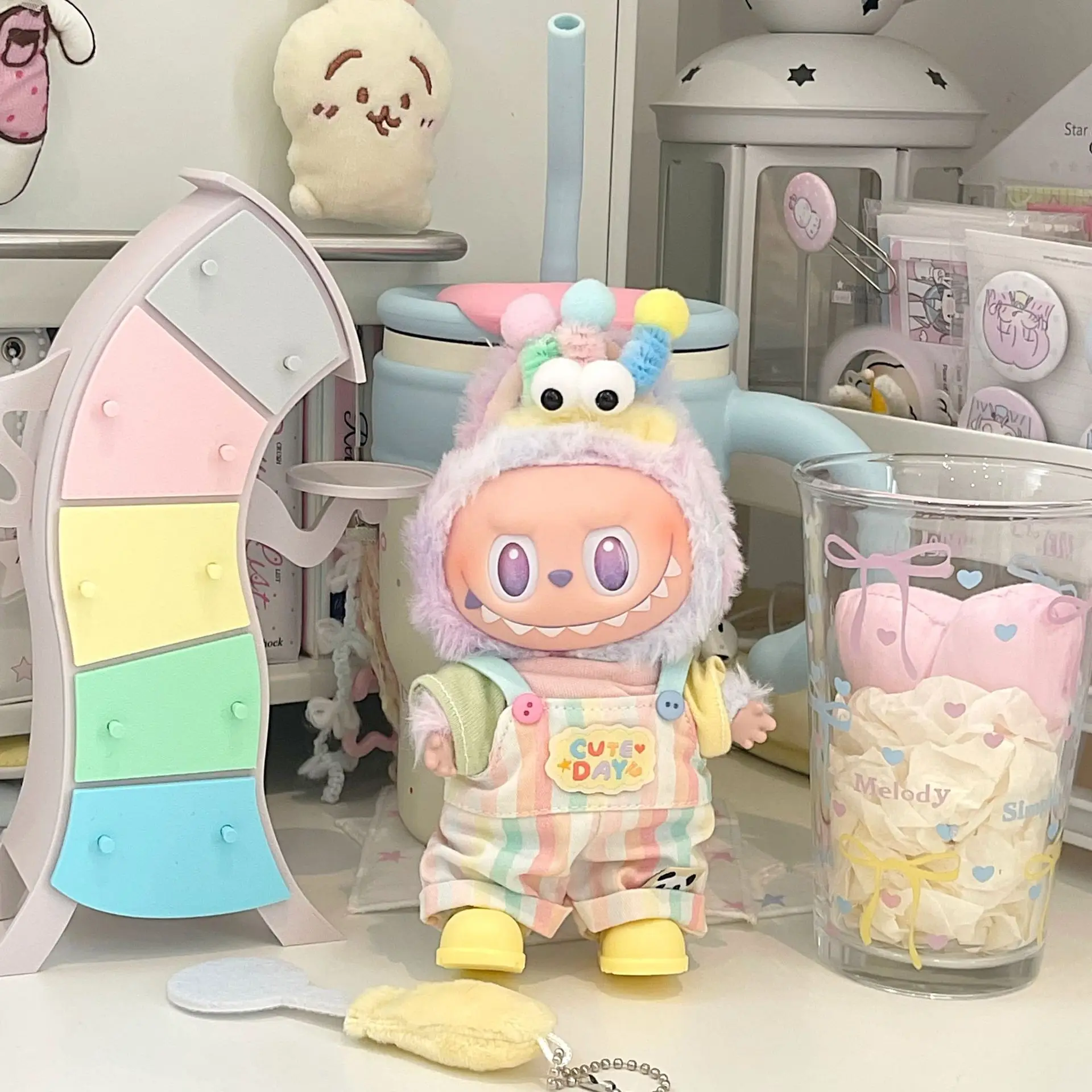 

2025 New Hot-selling Labubu Clothes Color Overalls Short-sleeved with Hair Accessories Shoes Cute and Funny Personality