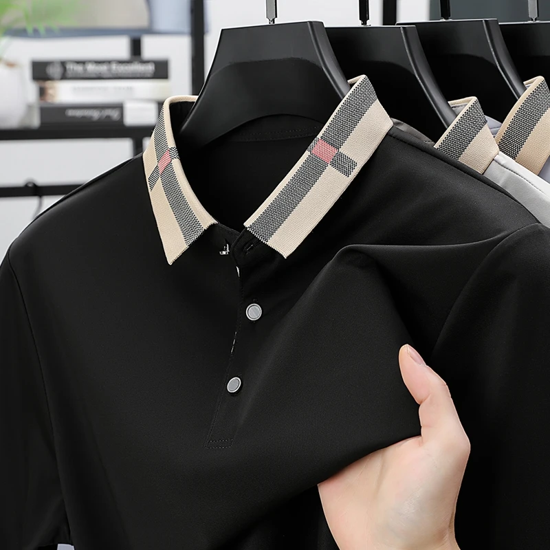 

Dad's Summer Outfit Ice Silk Cotton Solid Color Short Sleeved T-shirt for Middle-aged Men, Casual Polo Shirt for Men