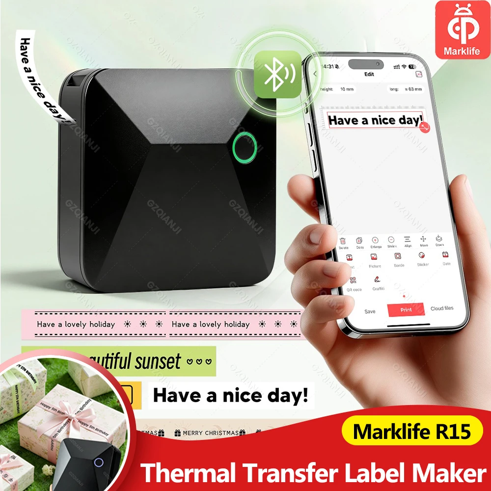 NEW Marklife R15 Mini Portable Label Transfer Printer Pocket Thermal Label Maker with Long Life Color Ribbon, Satin Printing