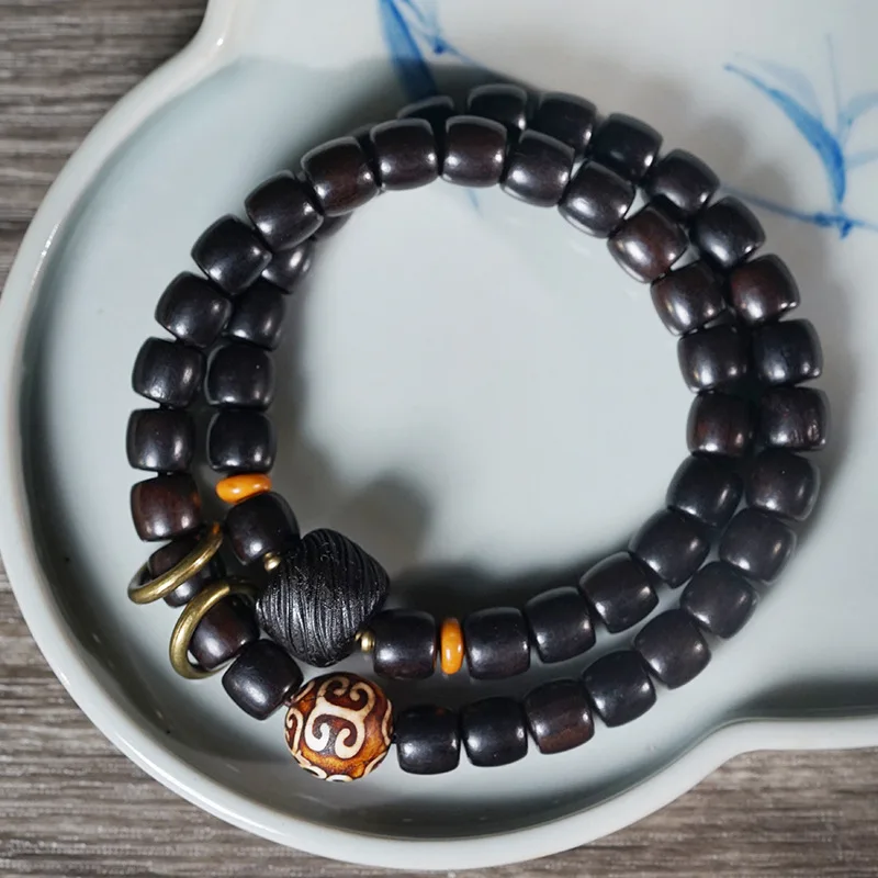 

Ebony Wood Straight Cut Beads Double Loop Bracelet DIY Patterned Beads Prayer Beads Wrist Mala for Men and Women Gifts