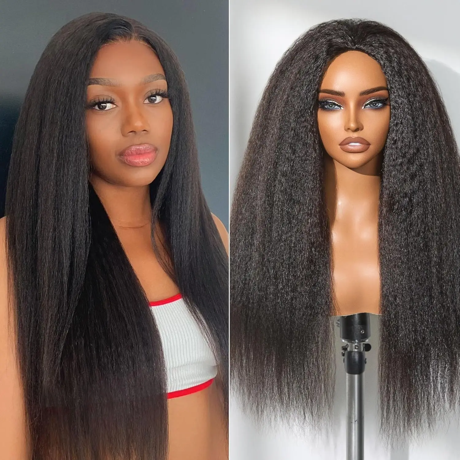 

Half Wig Kinky Straight Glueless Human Hair Wig With Drawstring Seamless Flip Over Wig Ready To Go Glueless Wig Kinky Curly Wig