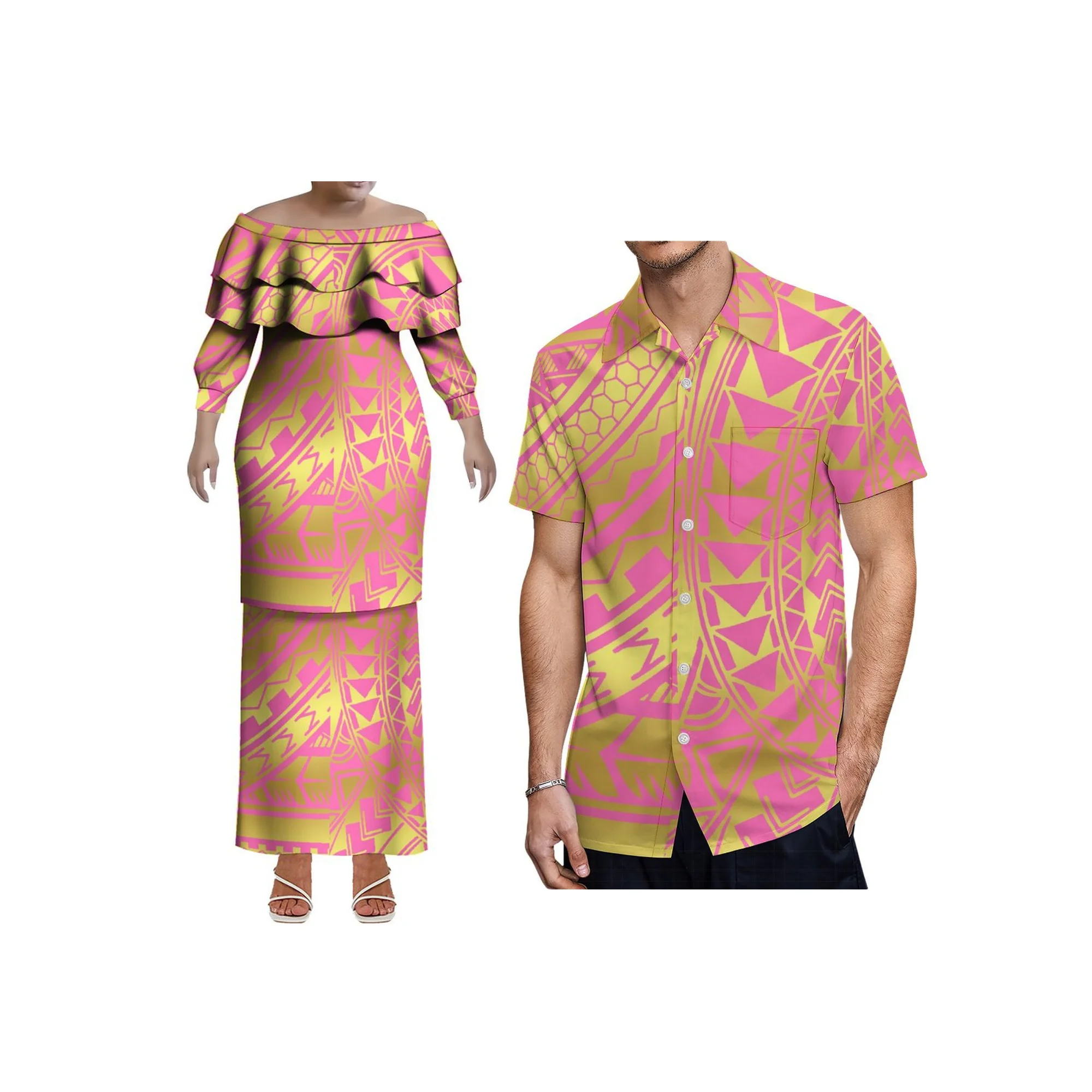 Alta qualidade personalizado tamanho grande tonga puletasi vestido polyensian impressão feminina fora do ombro vestido duplo em camadas plissado 2 peças