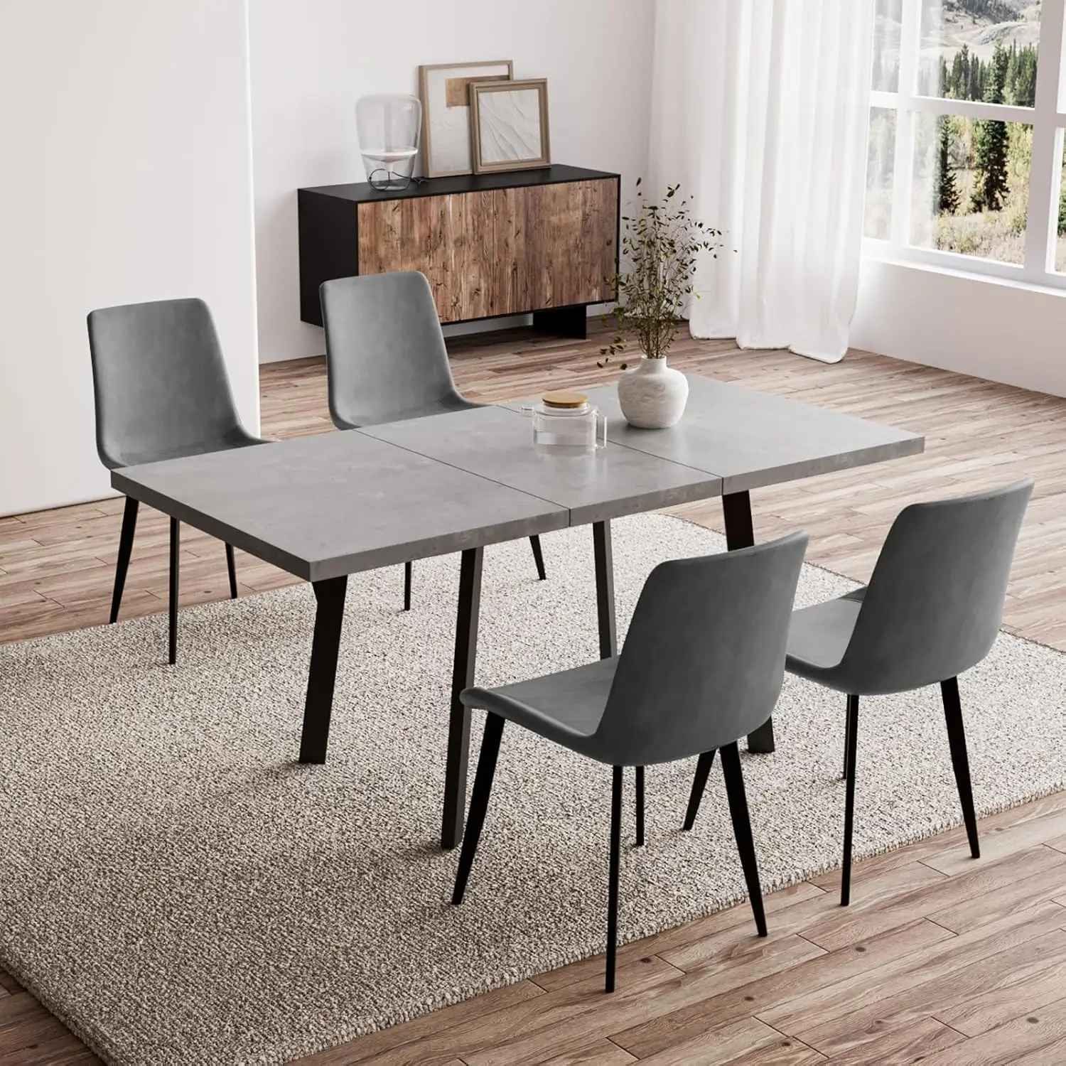 5 Piece Dining Table Set 46 Inch Modern Kitchen Table with 4 Dining Chairs for 4 Expandable MDF Dining Table with Steel Legs