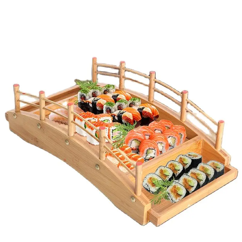 Wooden Sushi Serving Tray Plate for Restaurant or Home, Sushi Bridge Shape Plate Japanese Sushi Sashimi Serving Plate