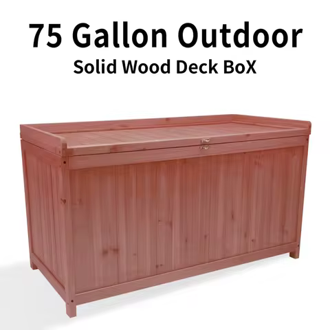 75 Gallon 44.5 Inch Outdoor Solid Wood Deck Box, Storage Bench with Sealed Hinge Lid, for Garden Tools Pool Equipment Camping Ge