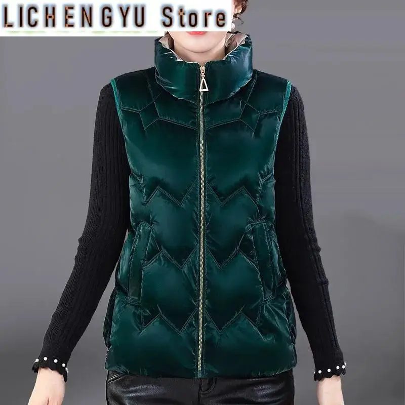 Glossy Down Cotton Vest Women's Short New Middle-aged light Warm Vest Female Standing Collar Sleeveless Parkas Waistcoat
