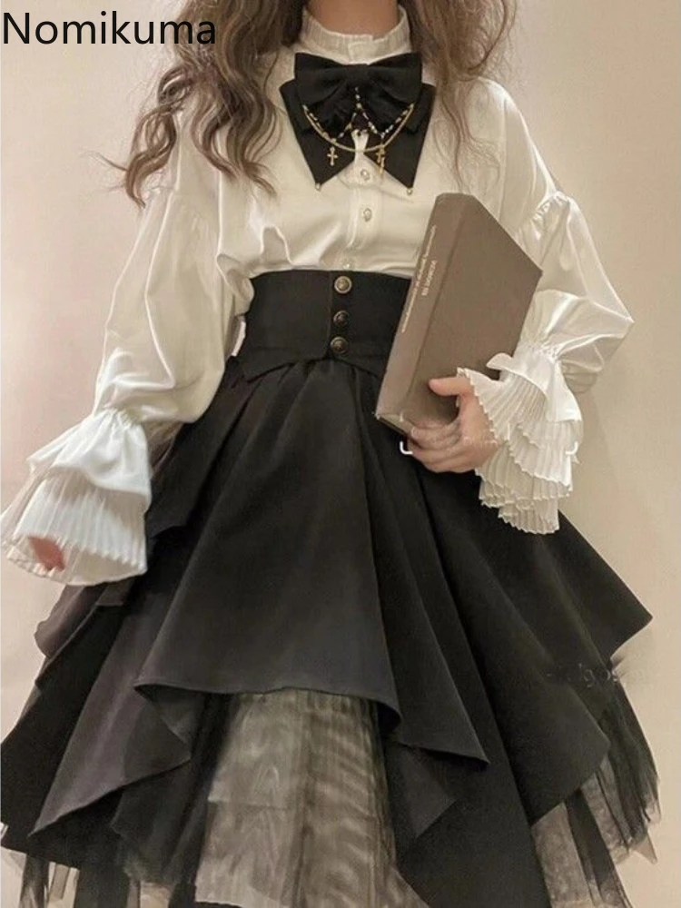

Gothic Women Two Piece Sets Flare Sleeve Stand Neck White Blouse High Waist A-line Irregular Skirt Outfits Lolita Style Y2k Suit