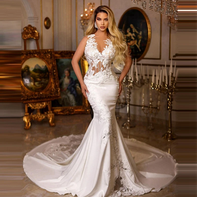 Newest Flowers Appliques Mermaid Wedding Dress See Thru V Neck Satin Long Bridal Dresses Sleeveless Lace Wedding Gown With Train