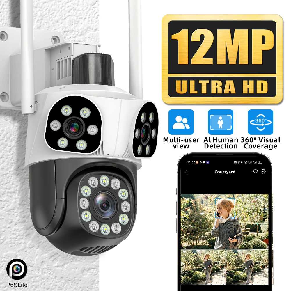 

6K 12MP WiFi Camera Outdoor 10x Zoom Triple Lens Triple Screen Security Mobile Body Detection Outdoor IP CCTV Survalance