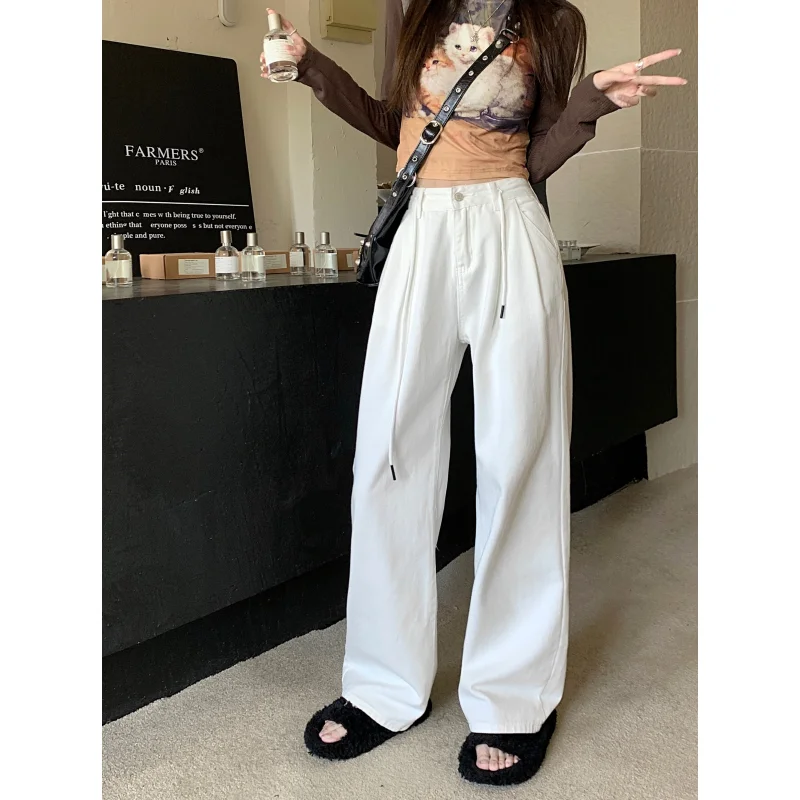 

White Women Jeans Streetwear Fashion High Waisted Wide Leg Jean Female Trouser Hip Hop Baggy Khaki Colored 2024 Denim Pants